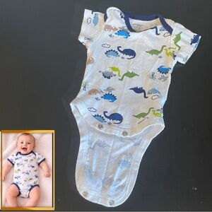 White Baby Onesie with Blue Trim and Dino Print newborn